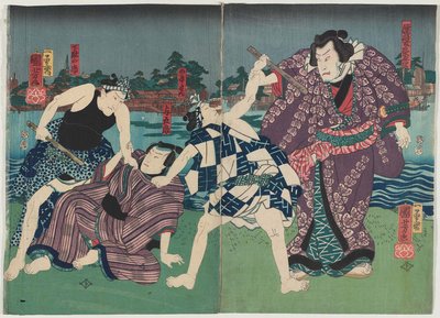 Actors Arashi Kichisaburo III as Nuregami Chogoro and Nakamura Fukusuke I as Yogoro by Utagawa Kuniyoshi